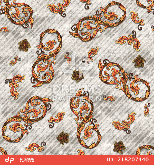 Decorative Orange Baroque Ornament Seamless Pattern with Lines on White Background.