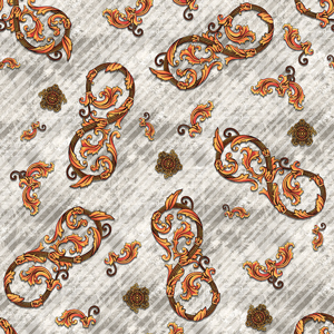 Decorative Orange Baroque Ornament Seamless Pattern with Lines on White Background.