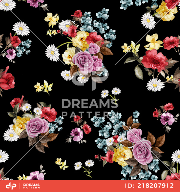 Seamless Watercolor Floral Pattern, Beautiful Flowers Bouquet on Black Background.