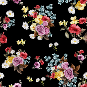 Seamless Watercolor Floral Pattern, Beautiful Flowers Bouquet on Black Background.