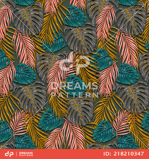 Seamless Tropical Leaves Pattern, Colorful Palm leaves Designed for Textile Print.