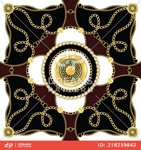 Golden Chains with Versace Motif, Silk Scarf Jewelry Shawl Design Ready for Textile.