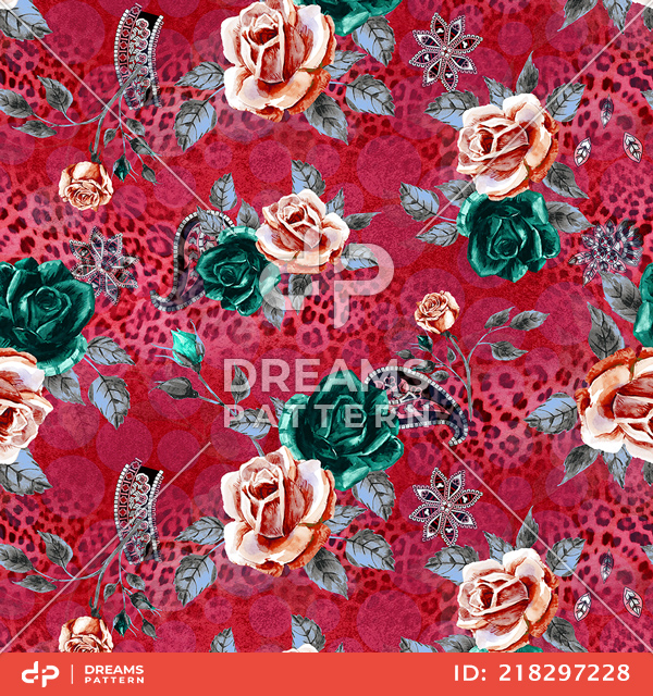 Fashion Seamless Leopard Print with Watercolor Roses on Dark Red Background.
