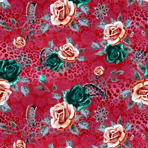 Fashion Seamless Leopard Print with Watercolor Roses on Dark Red Background.
