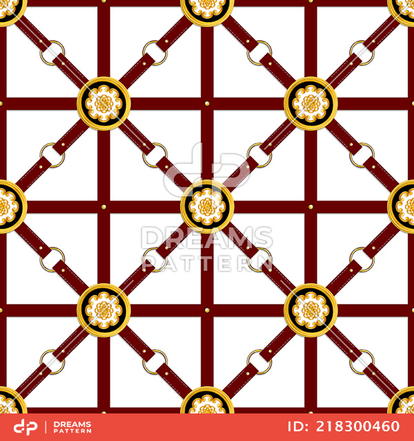 Seamless Pattern of Golden Antique Motif with Black Belts on White Background.