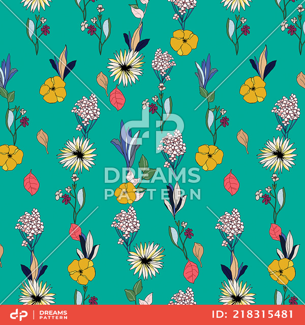 Cute Seamless Arrangement Flowers on Green Background, Path for Textile Prints.