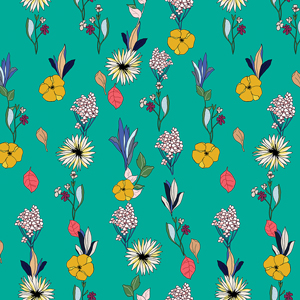 Cute Seamless Arrangement Flowers on Green Background, Path for Textile Prints.