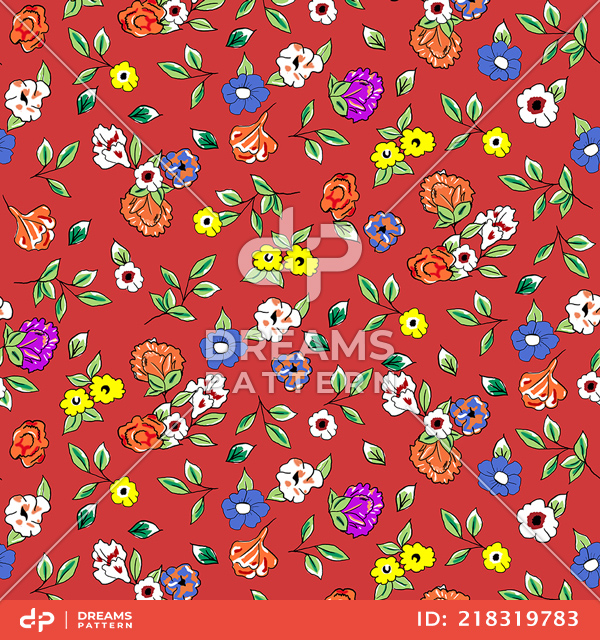 Small Hand Drawn Flowers, Seamless Spring Pattern on Red Background.