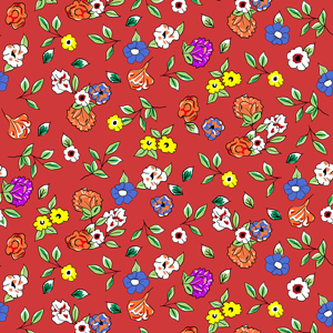 Small Hand Drawn Flowers, Seamless Spring Pattern on Red Background.