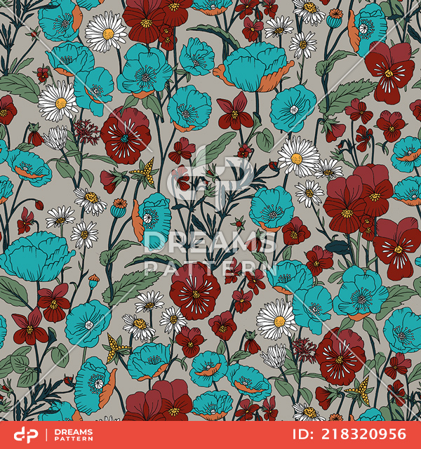 Seamless Hand Drawn Floral Pattern, Colored Flowers Ready for Textile Prints.