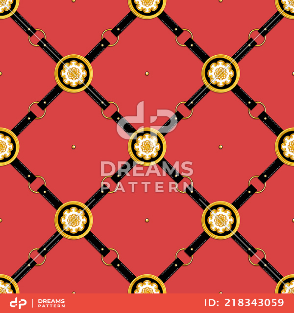 Seamless Pattern of Golden Antique Motif with Black Belts on Coral Background.