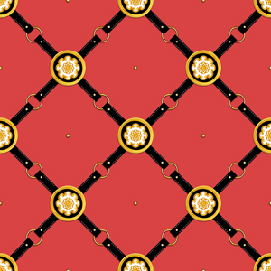 Seamless Pattern of Golden Antique Motif with Black Belts on Coral Background.