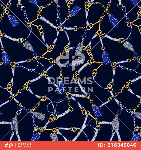 Seamless Pattern of Golden Chains, Rings, Ropes and Belts on Darkblue Background.