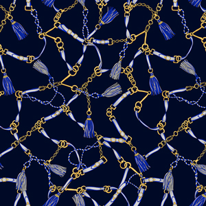 Seamless Pattern of Golden Chains, Rings, Ropes and Belts on Darkblue Background.