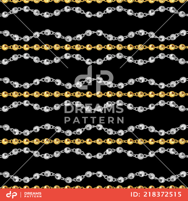 Seamless Wavy Golden and Silver Chains on Black. Repeat Design Ready for Textile Prints.