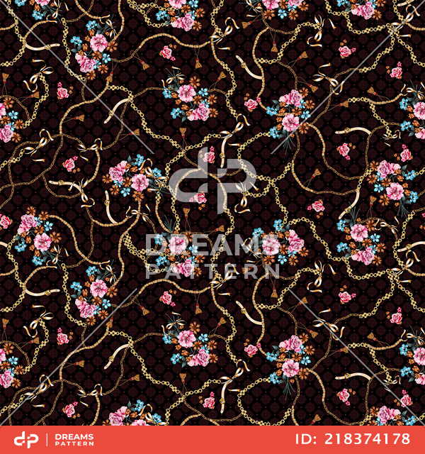 Seamless Pattern Full of Flowers, Belts and Chains; Retro style.