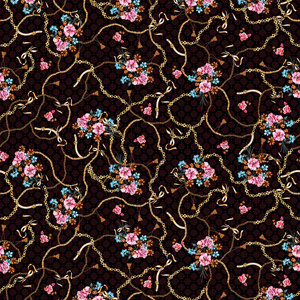 Seamless Pattern Full of Flowers, Belts and Chains; Retro style.