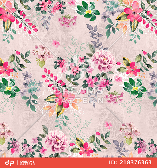 Seamless Colorful Small Flowers with Leaves. Modern Watercolor Floral Design on Pink.