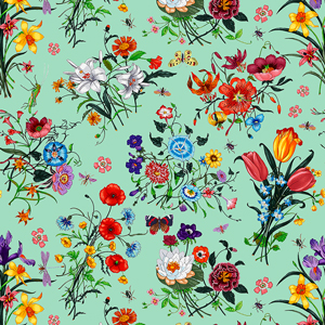 Seamless Colorful Flowers with Leaves, Spring Pattern on Light Green Background.