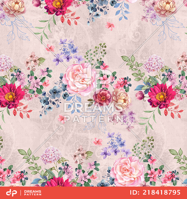 Beautiful Watercolor Floral Design on Pink Background Ready for Textile Prints.