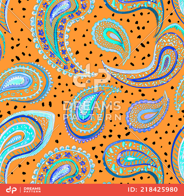Seamless Hand Drawn Paisley Pattern on Dark Yellow Background Ready for Textile Prints.