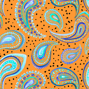 Seamless Hand Drawn Paisley Pattern on Dark Yellow Background Ready for Textile Prints.