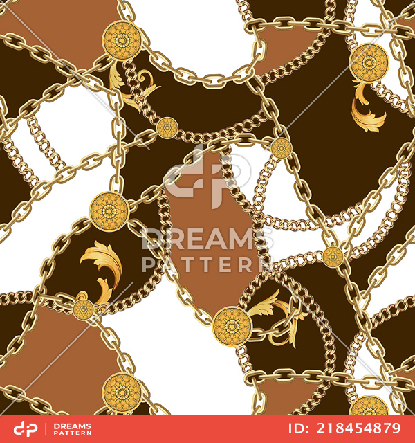 Seamless Pattern with Golden Chains on Dark Brown and White Background.