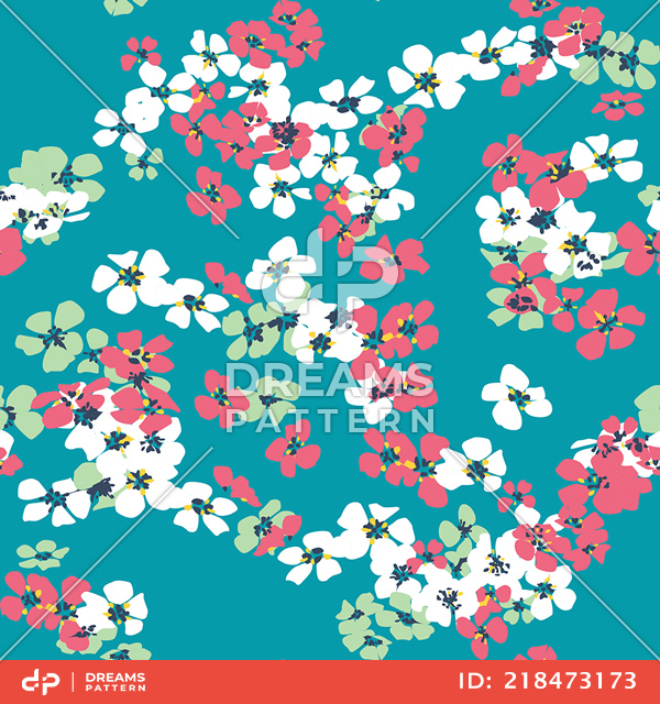 Seamless Hand Drawn Mini Flowers. Repeating Pattern on Turquoise Background.