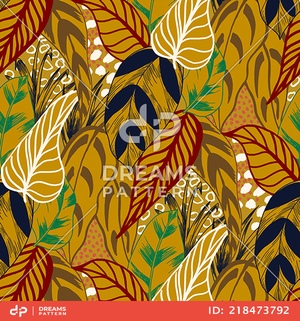 Beautiful Colorful Retro Hand Drawn Leaves, Tropical Palm Forest, Sketch Mood Pattern.