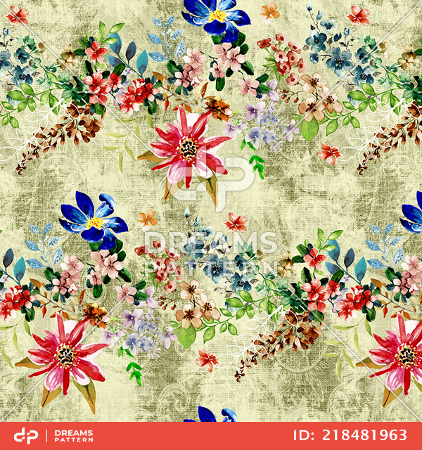 Seamless Watercolor Floral Pattern. Repeated Design of Small Flowers and Leaves.