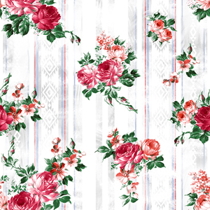 Seamless Hand Drawn Flowers with Leaves, Pretty Pattern on Striped Background.