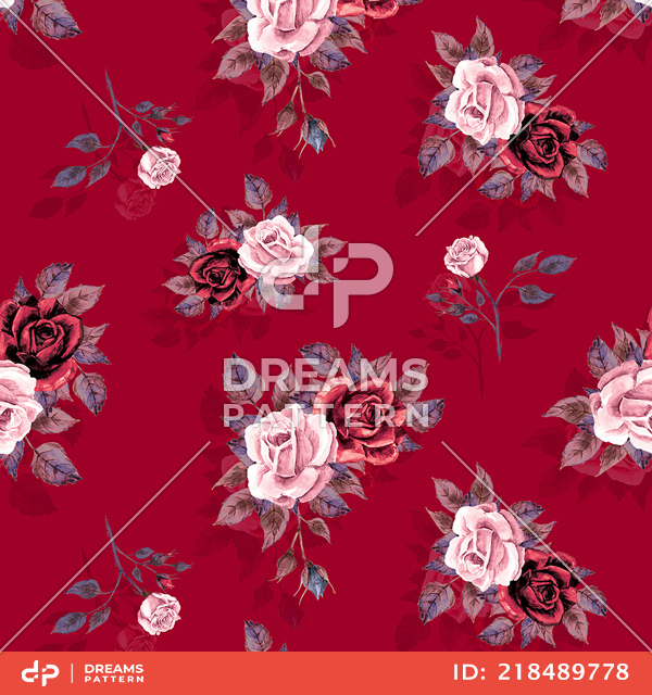 Beautiful Seamless Design of Big Watercolor Roses on Dark Red Background.