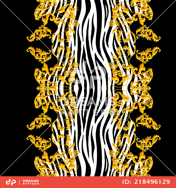 Seamless Golden Baroque Luxury Design with Zebra Skin, Ready for Textile Prints.