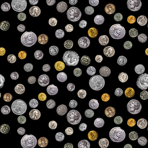 Colored Ancient Coins Pattern on Black Background Ready for Textile Print.