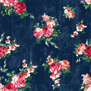 Seamless Hand Drawn Flowers with Leaves, Pretty Floral Pattern on Darkblue Background.