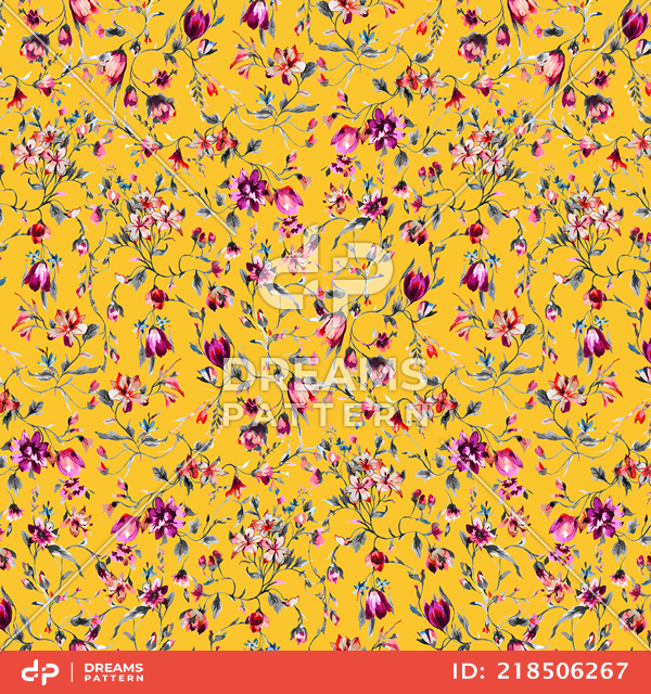 Seamless Watercolor Floral Pattern on Yellow Background, Ready for Textile Prints.