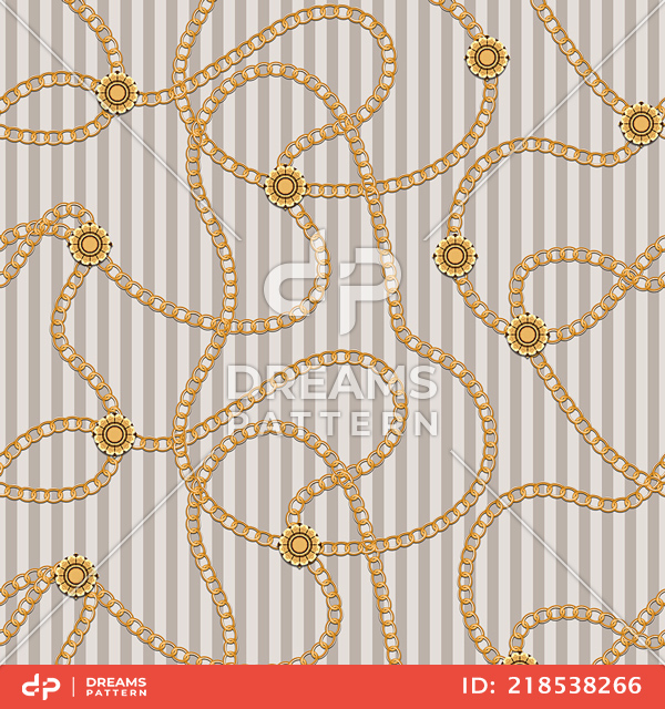 Seamless Pattern with Golden Chains on Light Lined Background.