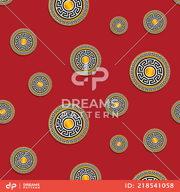 Seamless Decorative Pattern of Golden Motif on Dark Red Background.