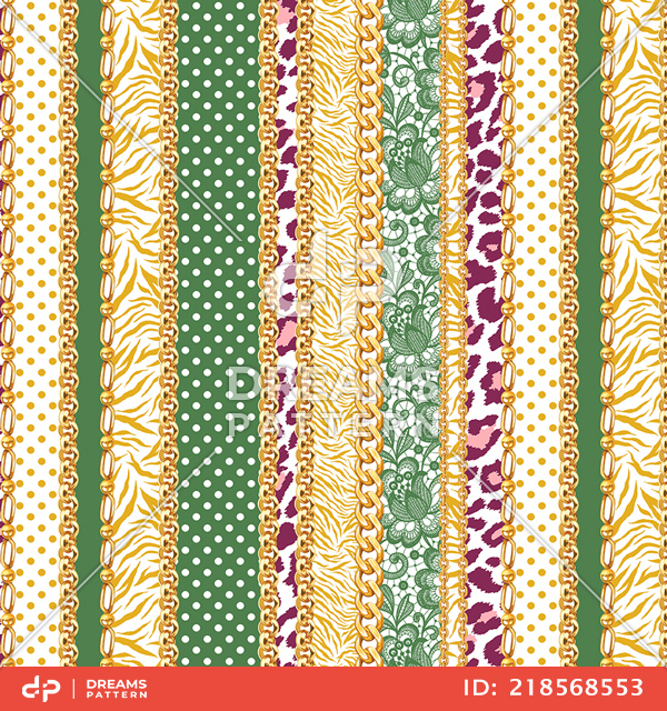 Seamless Mix Pattern of Vertical Golden Chains, Leopard, Zebra, Lace and Dots.