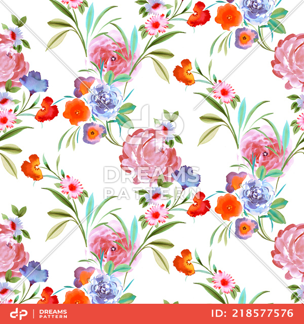 Seamless Colorful Floral Pattern, Hand Drawn Flowers Design Ready for Textile Prints.