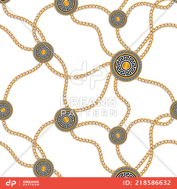 Seamless Pattern of Golden Chains and Motifs on White Background.