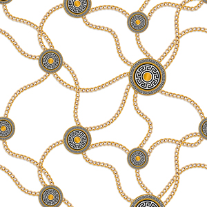Seamless Pattern of Golden Chains and Motifs on White Background.