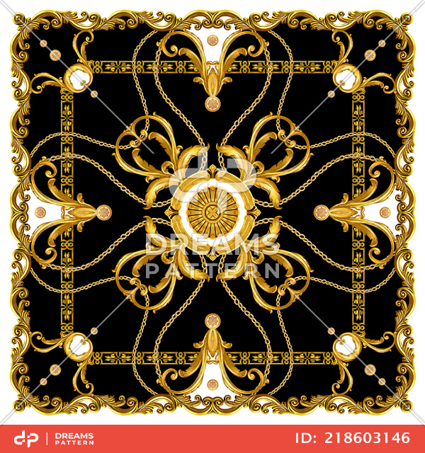 Luxury Scarf Design with Golden Chains and Baroque, Jewelry Shawl Pattern.