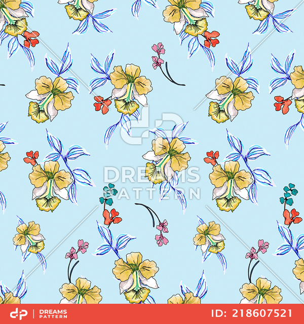 Cute Hand Drown Flowers with Leaves on Lightblue Background, Path for Textile Prints.