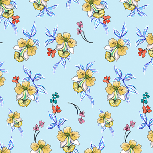 Cute Hand Drown Flowers with Leaves on Lightblue Background, Path for Textile Prints.