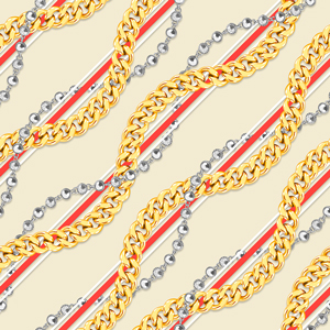 Seamless Pattern of Golden Chains and Silver. Curved Waves, Designed with diagonal form.