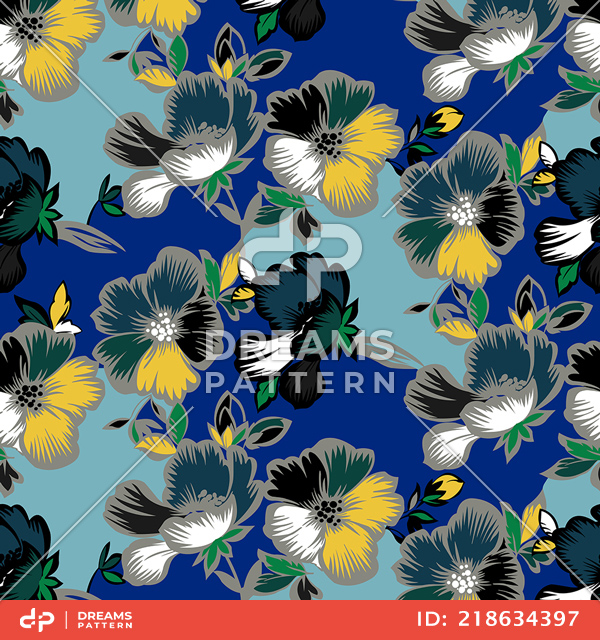 Seamless Design of Big Colorful Flowers on Blue background Ready for Textile Prints.