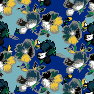 Seamless Design of Big Colorful Flowers on Blue background Ready for Textile Prints.