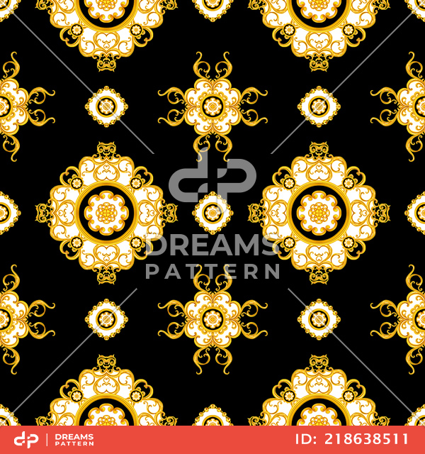 Seamless Luxury Fashional Pattern of Golden Chains and Baroque on Black Background.