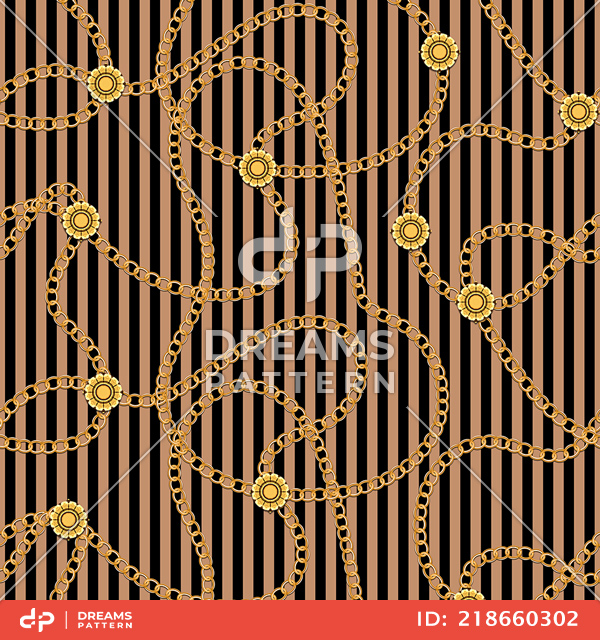 Seamless Pattern with Golden Chains on Lined Light Brown and Black Background.